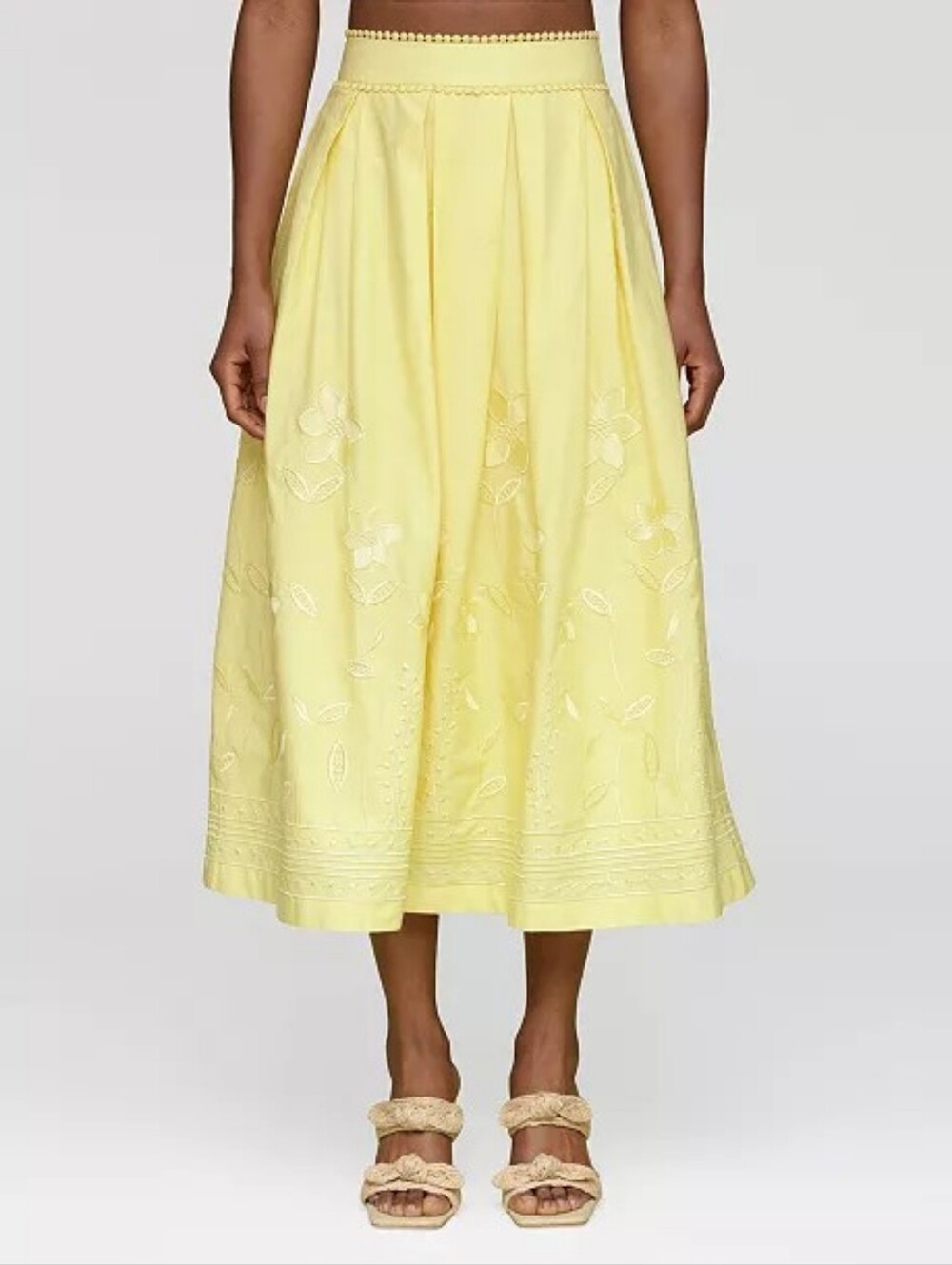 Avec Les Filles Women's Cotton Embroidered Midi Skirt In Yellow SZ XS